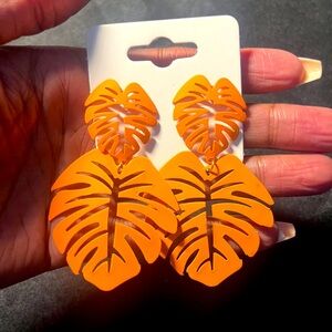 Orange Palm Leaf Earrings, Cute, Chic, Fashionable